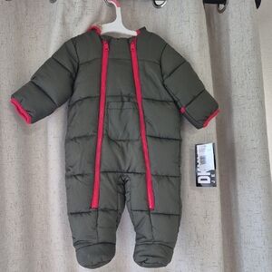 NWT DKNY Kds One Piece Snowsuit - Olive Green with Red Trim